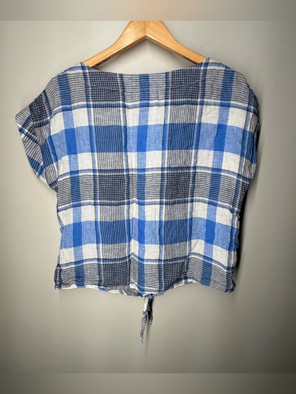 L.L. Bean Signature 100% Linen Blue Madras Plaid Tie Front Boxy Boat Neck Blouse - Picture 8 of 8